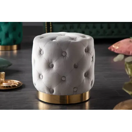Pouf design baroque moderne – Velours gris clair & base dorée – 37 cm