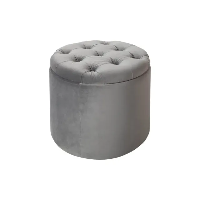 Pouf de rangement baroque moderne – 50 cm – Velours gris argenté avec capitonnage