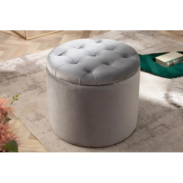 Pouf de rangement baroque moderne – 50 cm – Velours gris argenté avec capitonnage