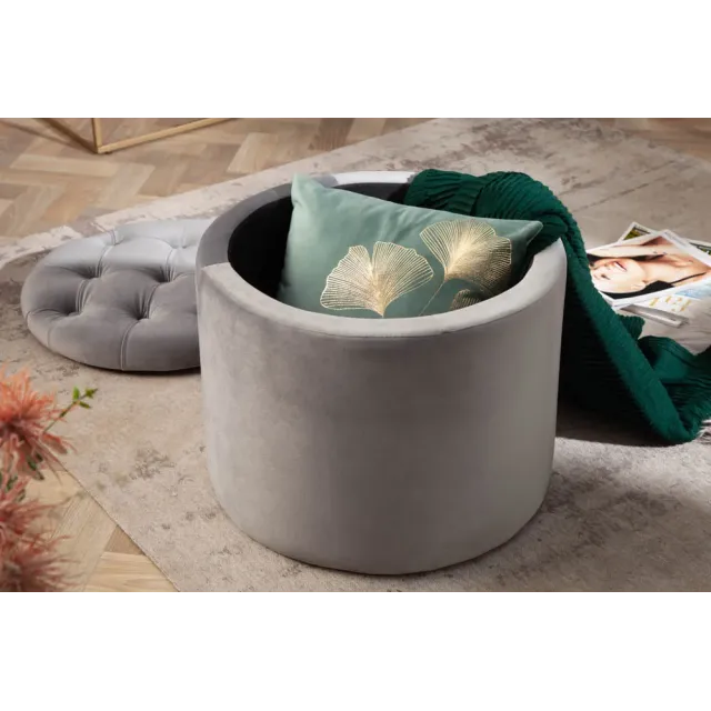 Pouf de rangement baroque moderne – 50 cm – Velours gris argenté avec capitonnage