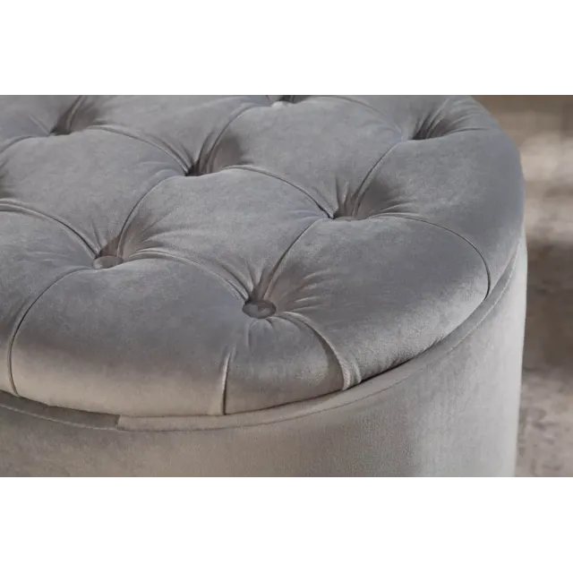 Pouf de rangement baroque moderne – 50 cm – Velours gris argenté avec capitonnage