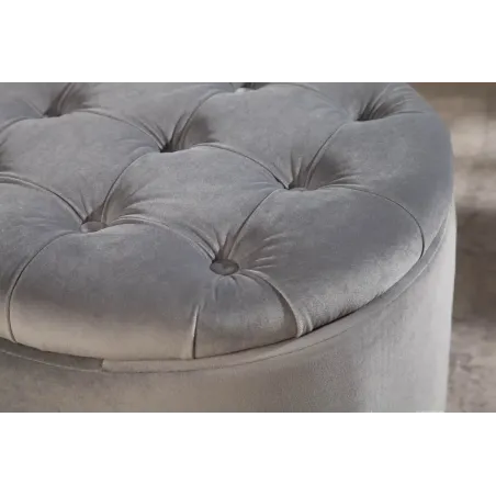 Pouf de rangement baroque moderne – 50 cm – Velours gris argenté avec capitonnage