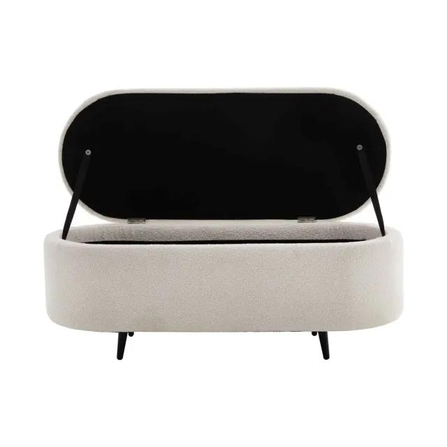 Banquette scandinave VOGUE 110 cm – Bouclé blanc & pieds noirs avec coffre de rangement intégré