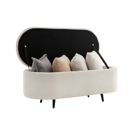 Banquette scandinave VOGUE 110 cm – Bouclé blanc & pieds noirs avec coffre de rangement intégré