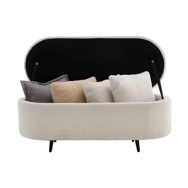 Banquette scandinave VOGUE 110 cm – Bouclé blanc & pieds noirs avec coffre de rangement intégré