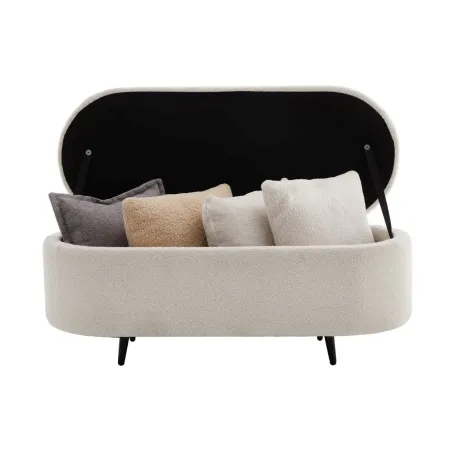 Banquette scandinave VOGUE 110 cm – Bouclé blanc & pieds noirs avec coffre de rangement intégré