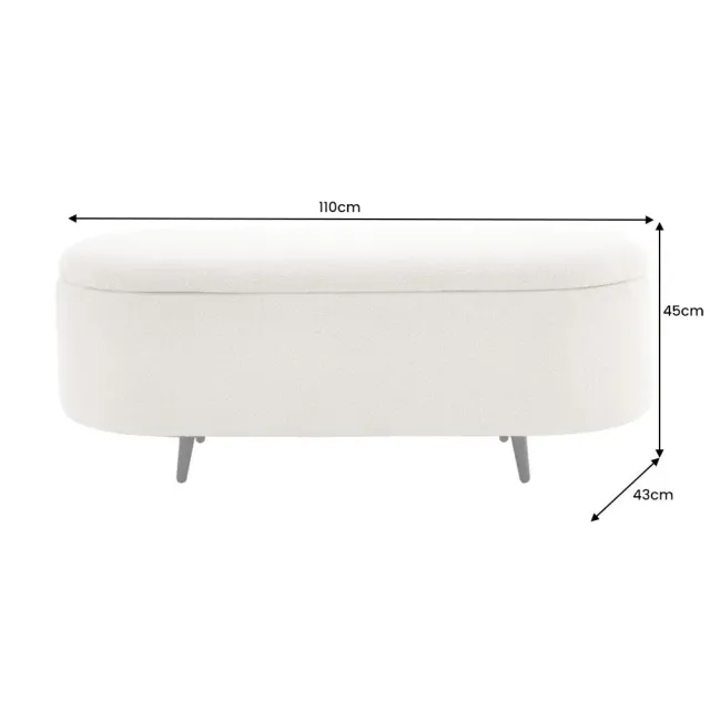 Banquette scandinave VOGUE 110 cm – Bouclé blanc & pieds noirs avec coffre de rangement intégré