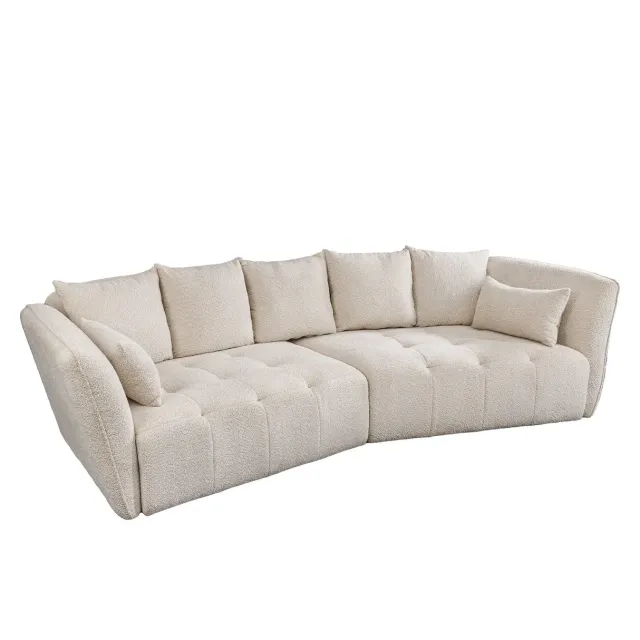 Canapé XXL ROYAL 295 cm – Bouclé champagne beige avec coussins, assise à ressorts et design moderne