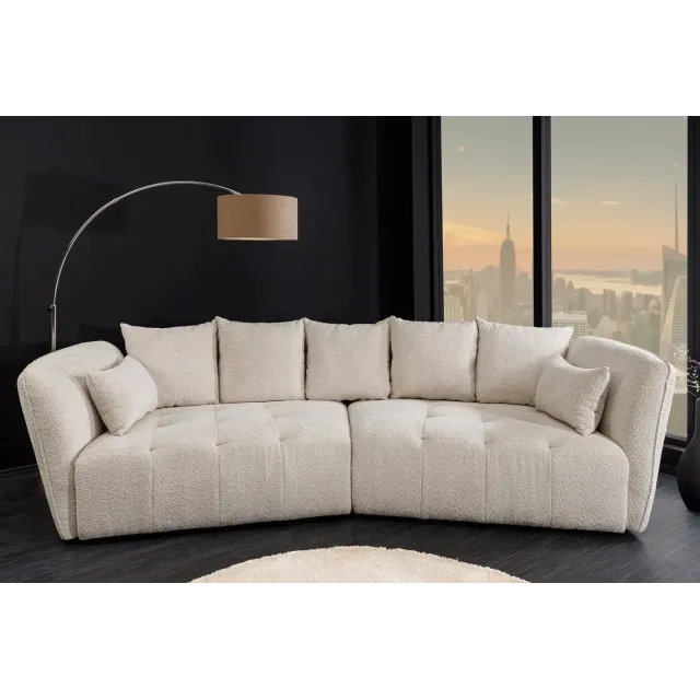 Canapé XXL ROYAL 295 cm – Bouclé champagne beige avec coussins, assise à ressorts et design moderne