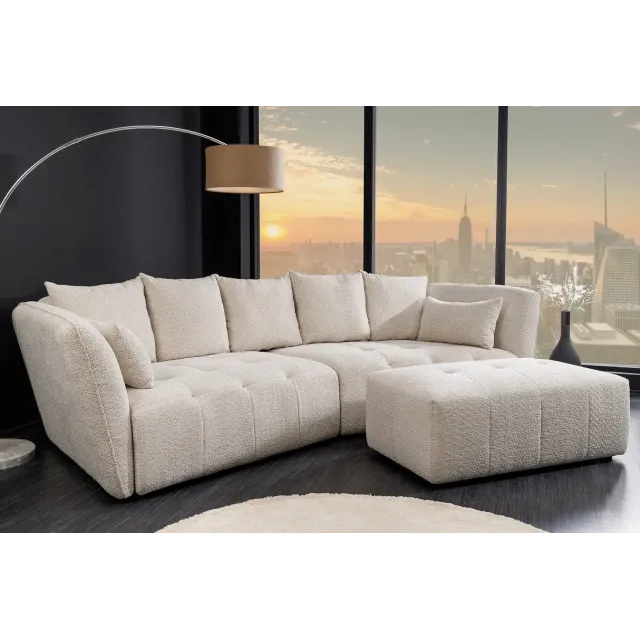 Canapé XXL ROYAL 295 cm – Bouclé champagne beige avec coussins, assise à ressorts et design moderne