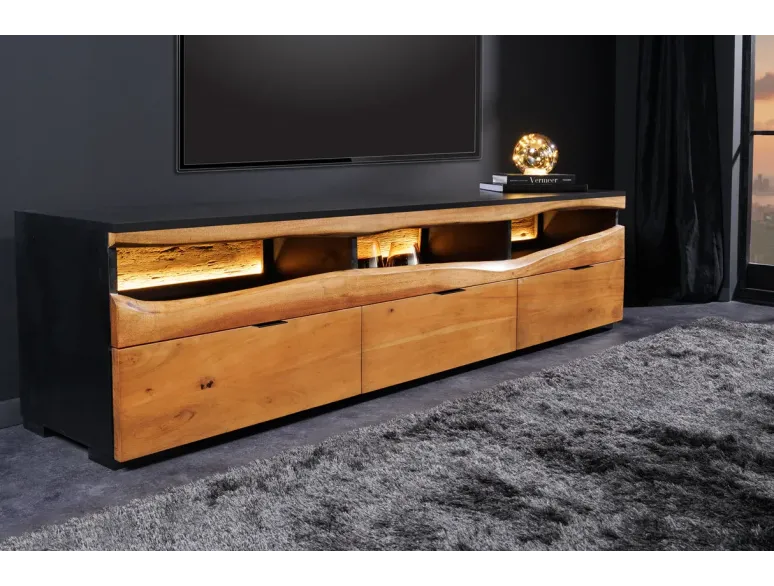 Meuble TV bois d’acacia 180 cm avec LED – Design naturel | Decozzia