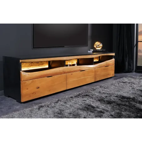 Meuble TV bois d’acacia 180 cm avec LED – Design naturel | Decozzia