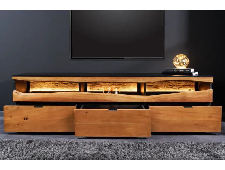 Meuble TV bois d’acacia 180 cm avec LED – Design naturel | Decozzia