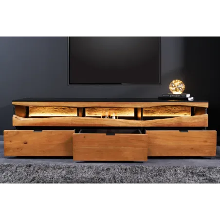 Meuble TV bois d’acacia 180 cm avec LED – Design naturel | Decozzia