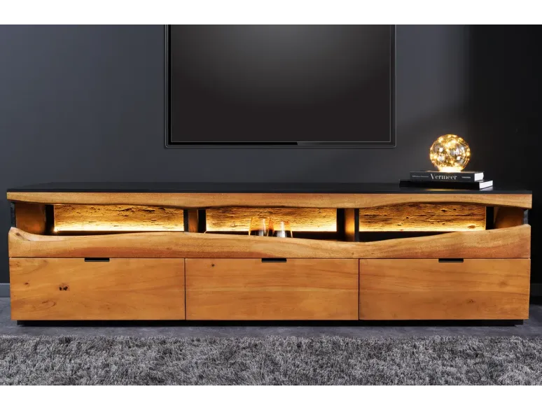 Meuble TV bois d’acacia 180 cm avec LED – Design naturel | Decozzia