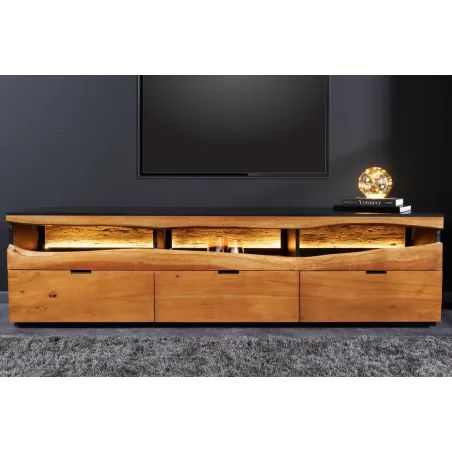 Meuble TV bois d’acacia 180 cm avec LED – Design naturel | Decozzia