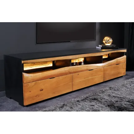 Meuble TV bois d’acacia 180 cm avec LED – Design naturel | Decozzia