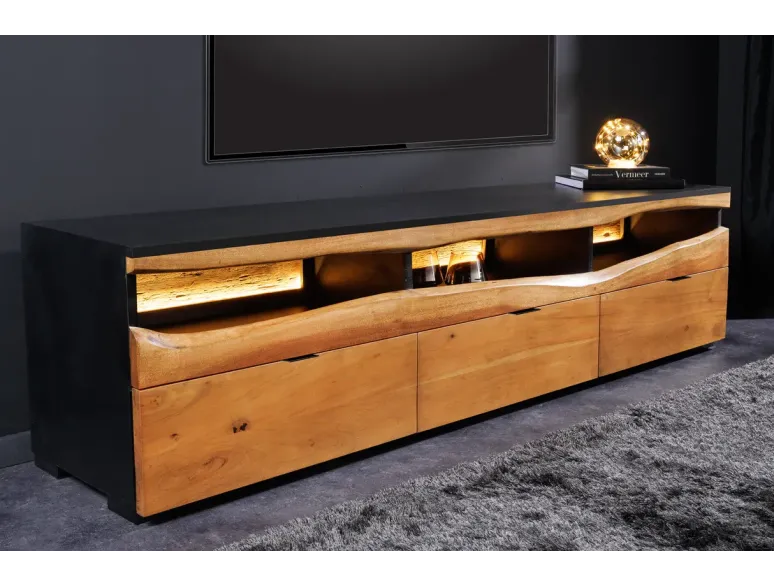 Meuble TV bois d’acacia 180 cm avec LED – Design naturel | Decozzia