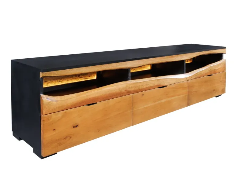 Meuble TV bois d’acacia 180 cm avec LED – Design naturel | Decozzia