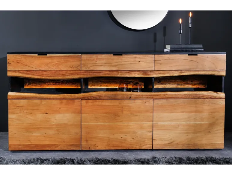 Buffet bois d’acacia 180 cm avec LED – Design naturel | Decozzia