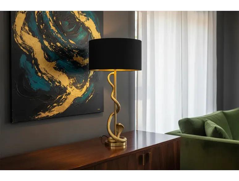 Lampe de table design abat-jour noir structure dorée 110 cm – COBRA | Décozzia