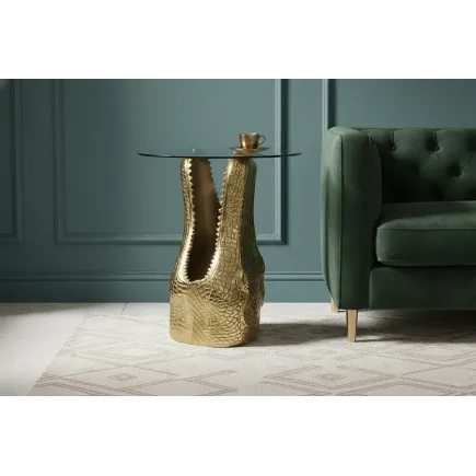 Table d'appoint dorée verre trempé design crocodile 50 cm | Décozzia