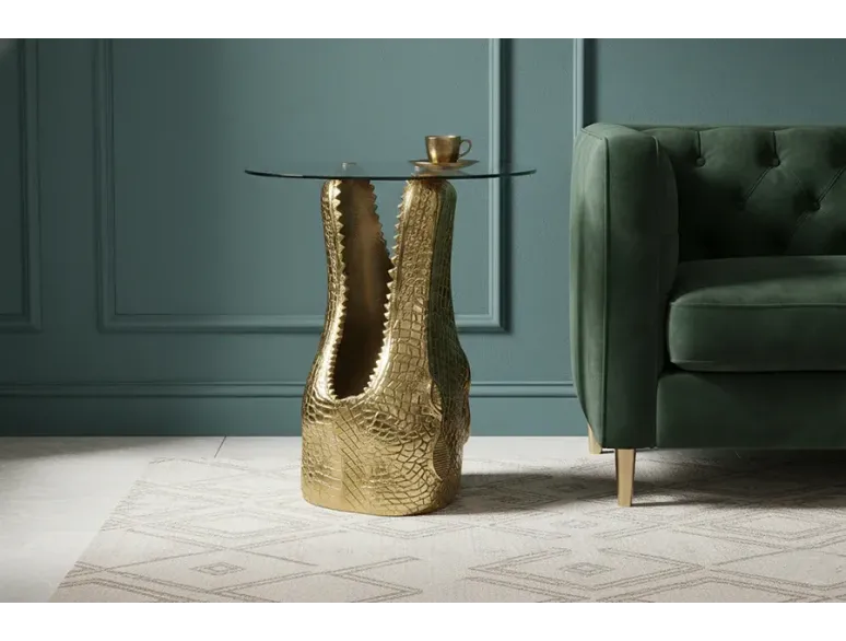 Table d'appoint dorée verre trempé design crocodile 50 cm | Décozzia