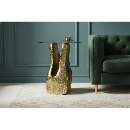 Table d'appoint dorée verre trempé design crocodile 50 cm | Décozzia