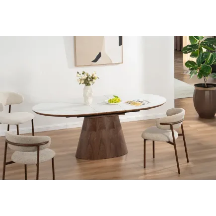 Table de salle à manger extensible en céramique effet marbre et bois noyer foncé 160-200 cm