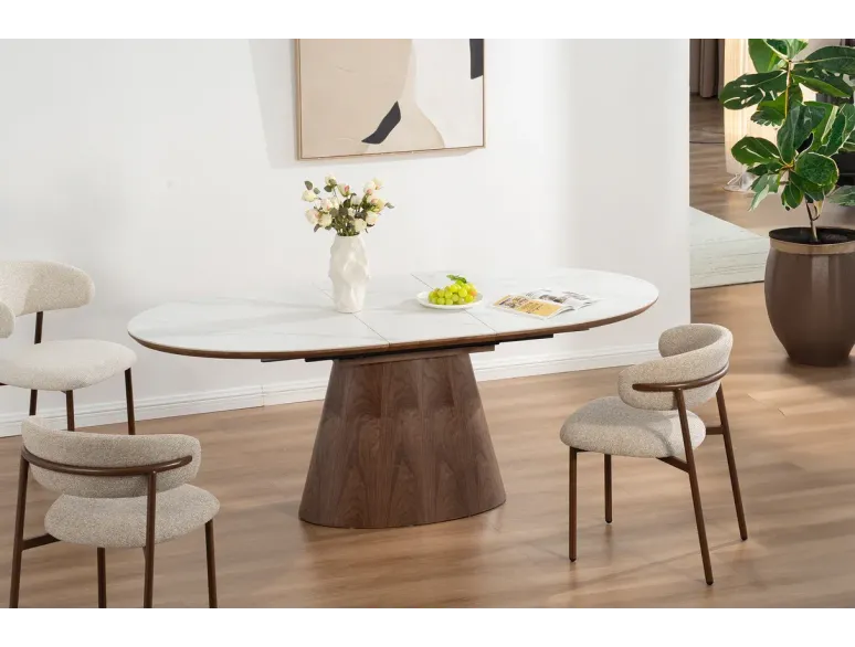 Table de salle à manger extensible en céramique effet marbre et bois noyer foncé 160-200 cm