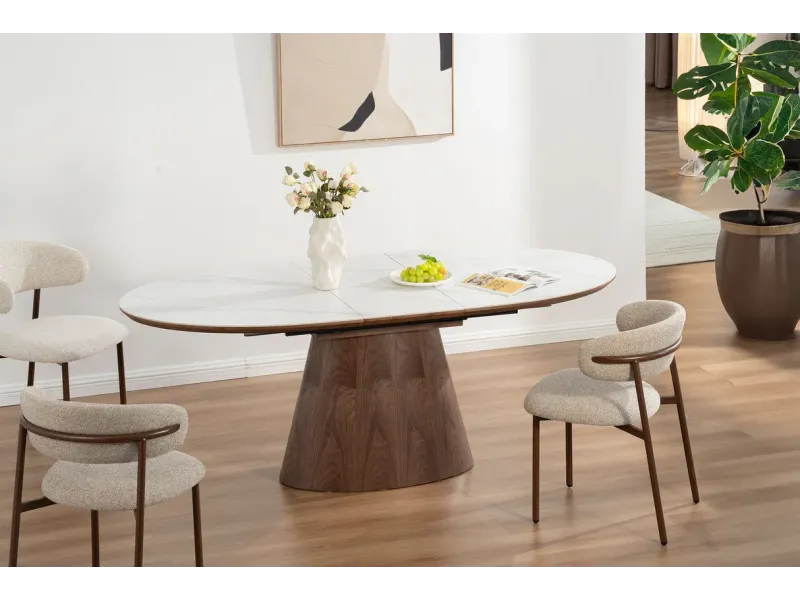 Table de salle à manger extensible en céramique effet marbre et bois noyer foncé 160-200 cm