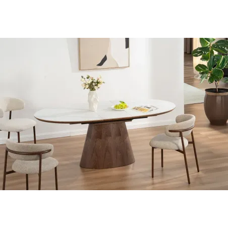 Table de salle à manger extensible en céramique effet marbre et bois noyer foncé 160-200 cm