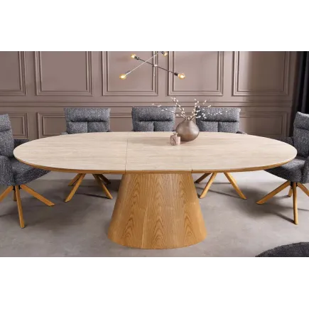 Table de salle à manger extensible en céramique travertin et bois de chêne 160-200 cm 2