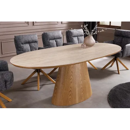 Table de salle à manger extensible en céramique travertin et bois de chêne 160-200 cm