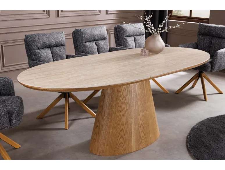 Table de salle à manger extensible en céramique travertin et bois de chêne 160-200 cm