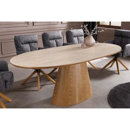 Table de salle à manger extensible en céramique travertin et bois de chêne 160-200 cm