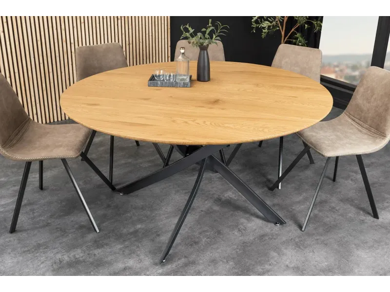 Table de salle à manger ronde chêne sauvage 120 cm avec piètement métal noir – HELIX | Decozzia