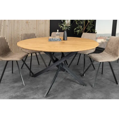 Table de salle à manger ronde chêne sauvage 120 cm avec piètement métal noir – HELIX | Decozzia