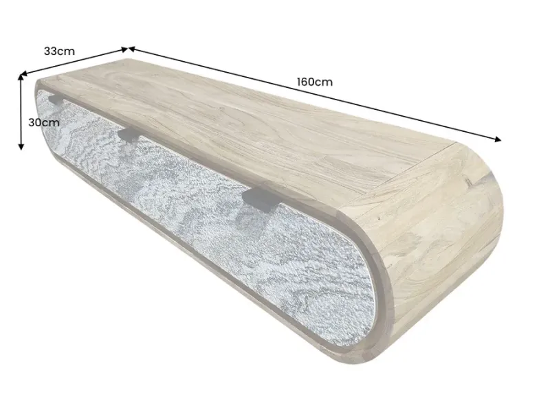 Meuble TV suspendu 160 cm en bois d'acacia – façade aspect pierre | Décozzia