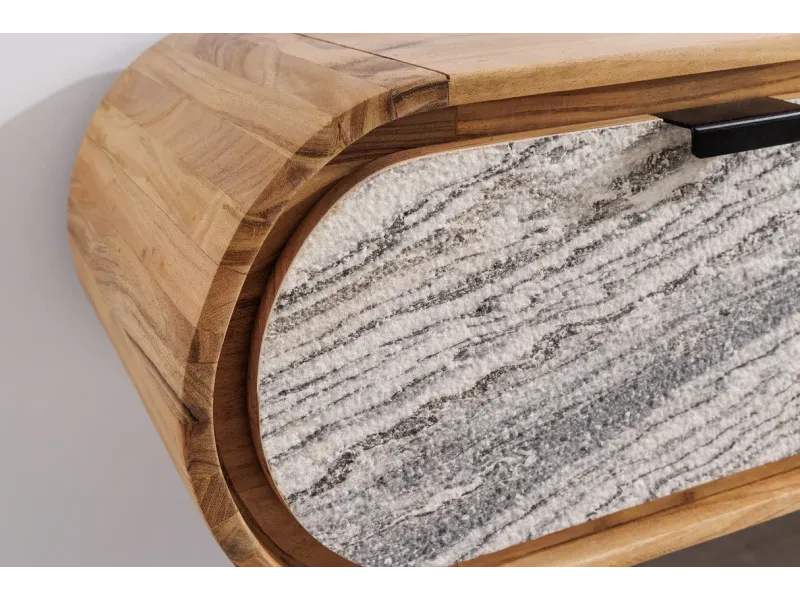 Meuble TV suspendu 160 cm en bois d'acacia – façade aspect pierre | Décozzia