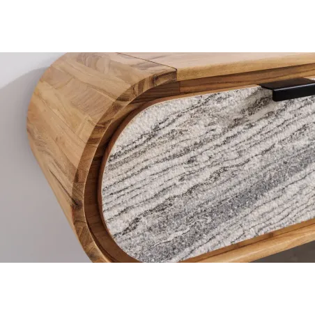 Meuble TV suspendu 160 cm en bois d'acacia – façade aspect pierre | Décozzia