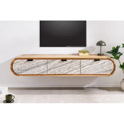 Meuble TV suspendu en bois d'acacia  160 cm– façade aspect pierre et style contemporain 2