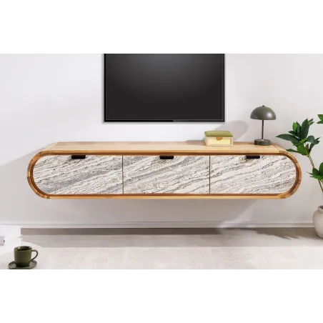 Meuble TV suspendu 160 cm en bois d'acacia – façade aspect pierre | Décozzia