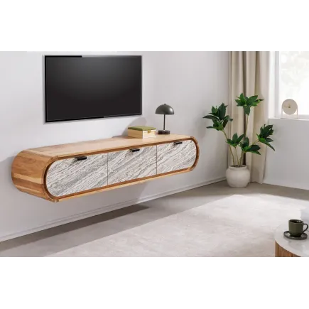 Meuble TV suspendu en bois d'acacia  160 cm– façade aspect pierre et style contemporain