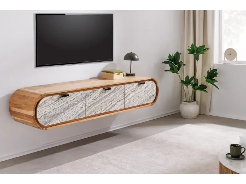 Meuble TV suspendu en bois d'acacia  160 cm– façade aspect pierre et style contemporain