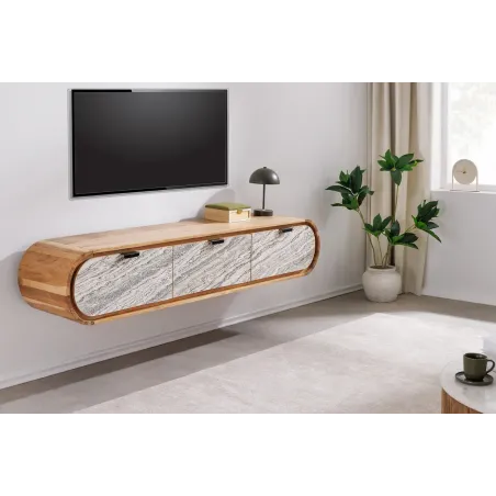 Meuble TV suspendu en bois d'acacia  160 cm– façade aspect pierre et style contemporain