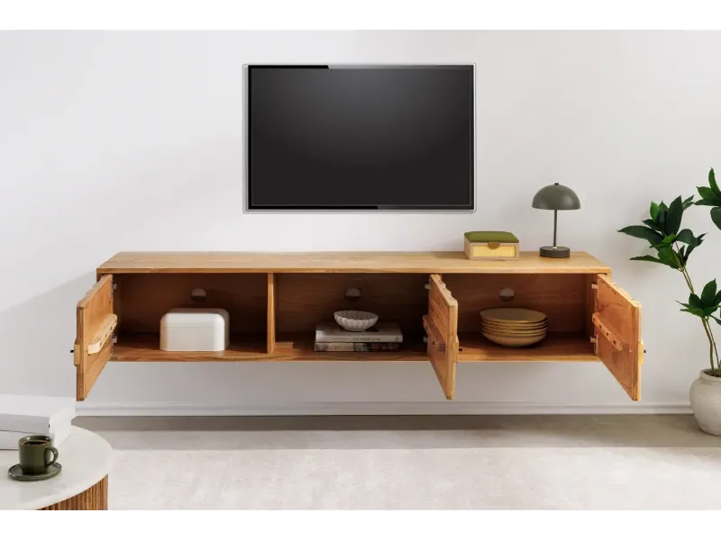 Meuble TV suspendu 160 cm bois d'acacia – meuble TV mural design | Décozzia