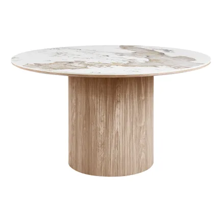 Table à manger ronde ATHÈNES Ø140 cm en céramique blanche et bois brun