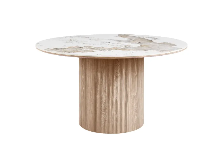 Table à manger ronde ATHÈNES Ø140 cm en céramique blanche et bois brun