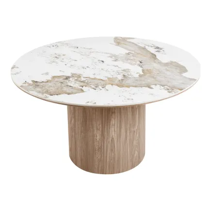 Table à manger ronde ATHÈNES Ø140 cm en céramique blanche et bois brun 2